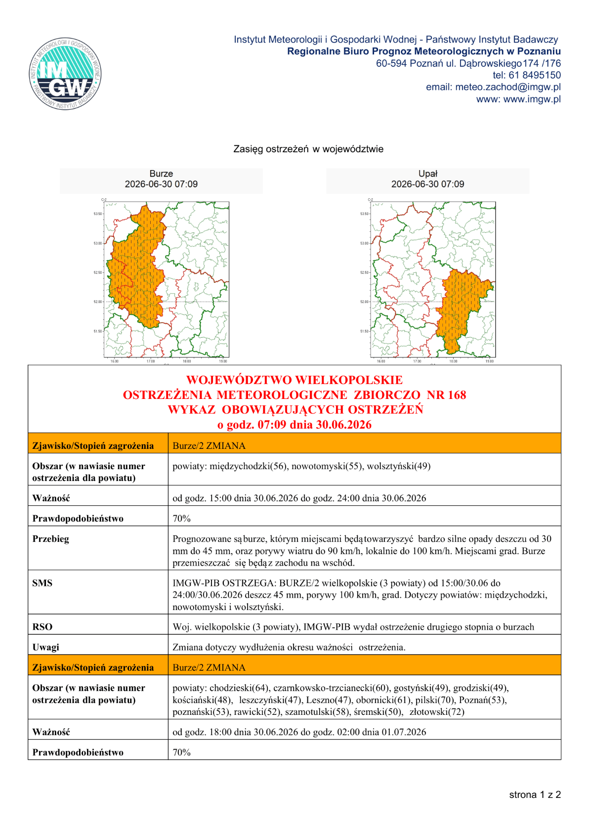 Ostrzeżenie pogodowe - burze w&nbsp;powiecie szamotulskim od godz. 18 dnia 30.06.2026 do godz. 2 dnia 01.07.2026