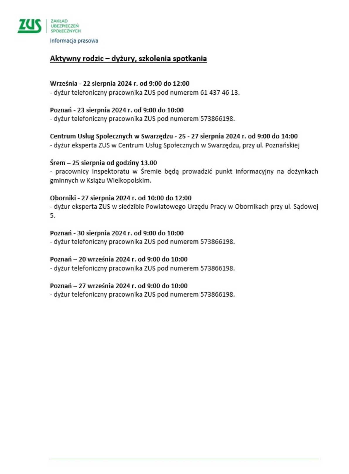 Aktywny rodzic &ndash;  harmonogram dyżur&oacute;w
