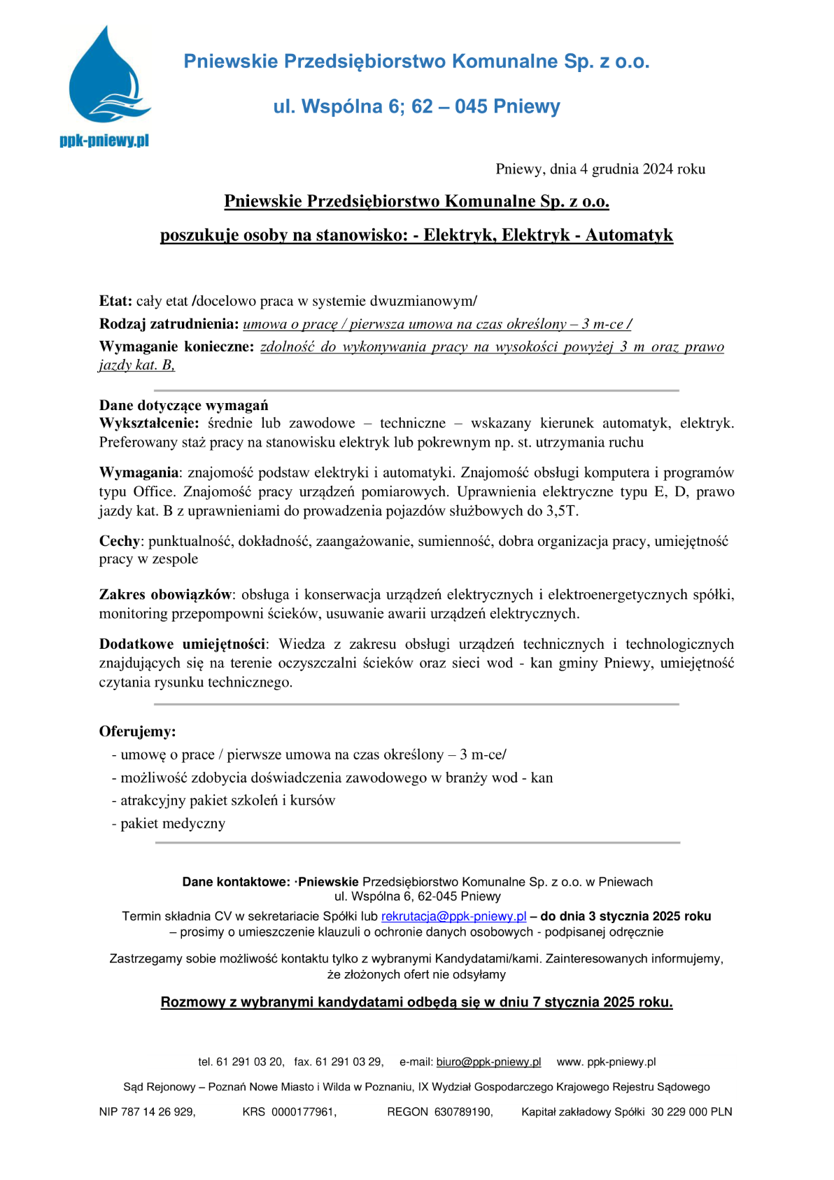 Oferta pracy PPK &mdash; elektryk
