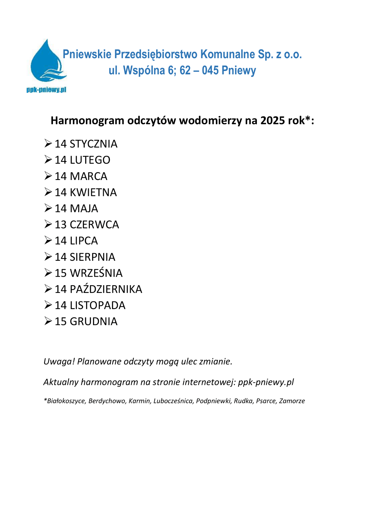 Harmonogram odczyt&oacute;w wodomierzy w&nbsp;2025 roku