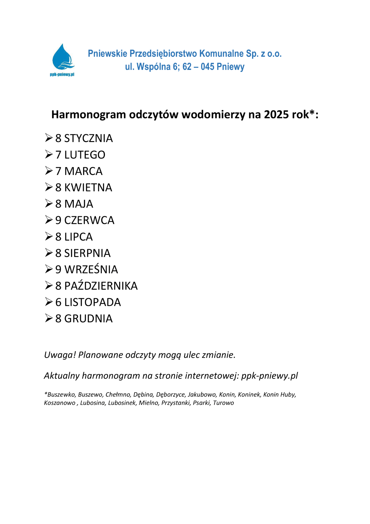Harmonogram odczyt&oacute;w wodomierzy w&nbsp;2025 roku