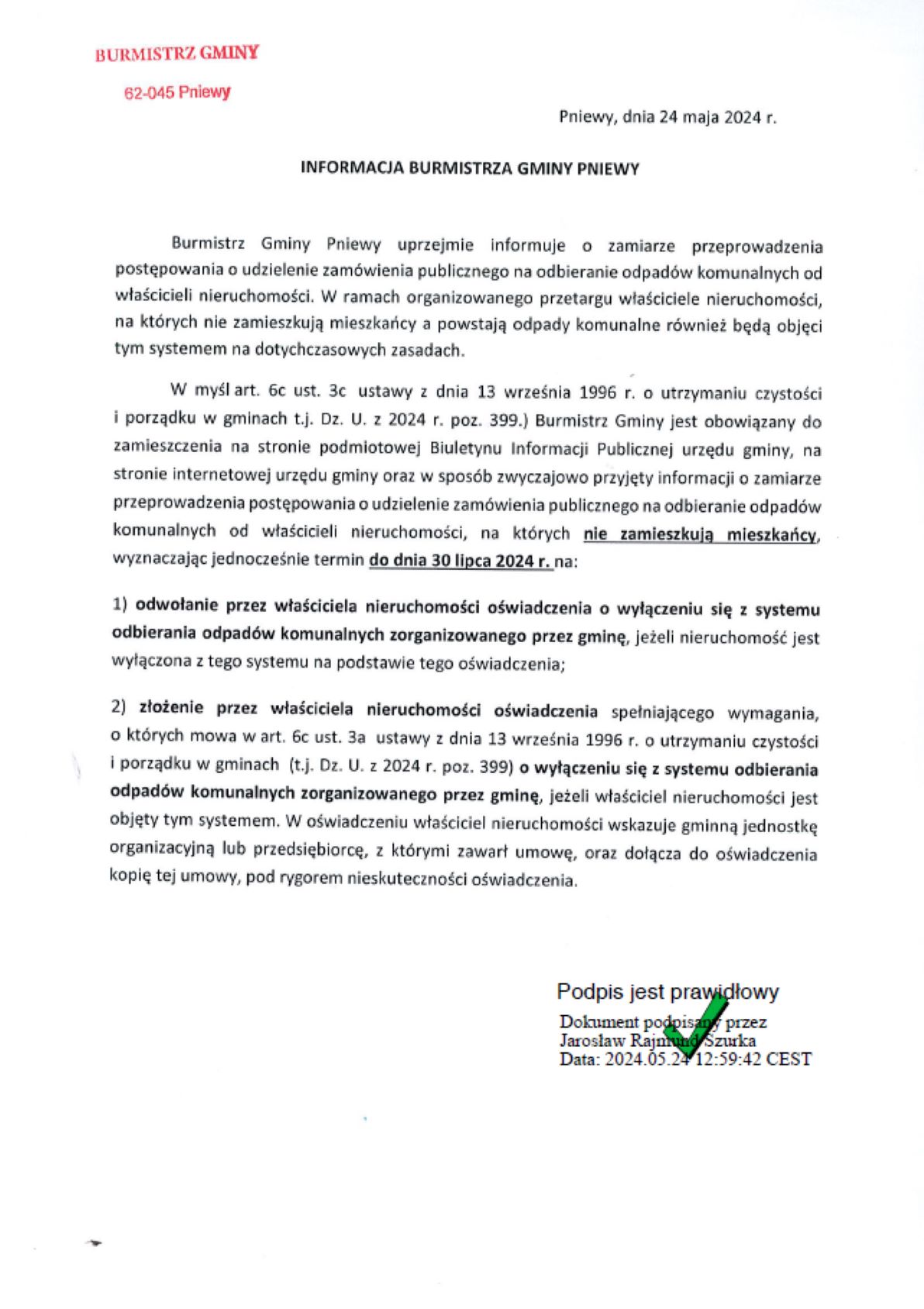 Informacja Burmistrza Gminy Pniewy o zamiarze przeprowadzenia postępowania o udzielenie zamówienia publicznego na odbieranie odpadów komunalnych od właścicieli nieruchomości