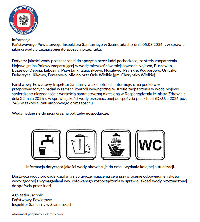 Informacja Państwowego Powiatowego Inspektora Sanitarnego w&nbsp;Szamotułach w&nbsp;sprawie jakości wody przeznaczonej do spożycia przez ludzi