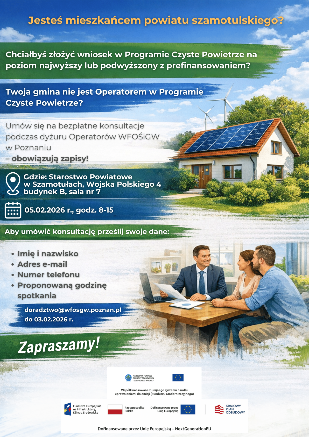 Zaproszenie na&nbsp;bezpłatne konsultacje dotyczące programu Czyste Powietrze dla mieszkańc&oacute;w powiatu szamotulskiego