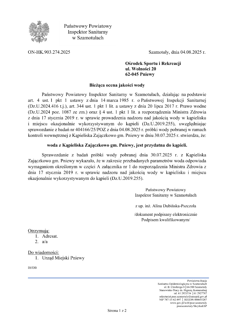 Bieżąca ocena jakości wody na&nbsp;kąpieliskach w&nbsp;Gminie Pniewy