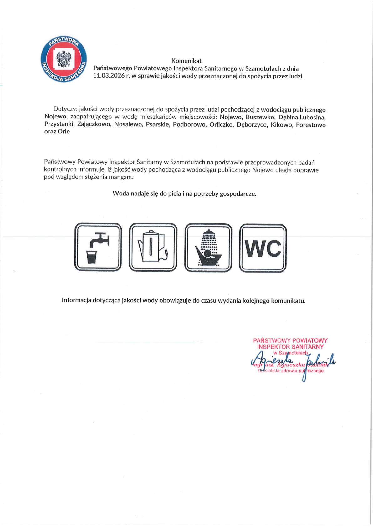 Komunikat Państwowego Inspektora Sanitarnego w&nbsp;Szamotułach z&nbsp;dnia 11.03.2026 r. w&nbsp;sprawie jakości wody przeznaczonej do spożycia przez ludzi