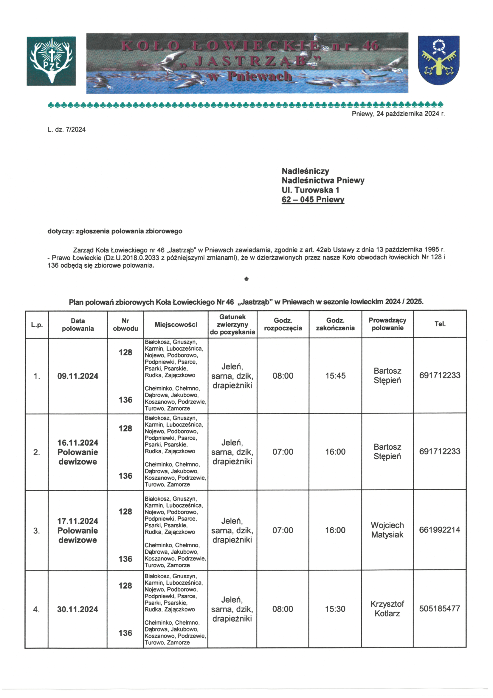 Plan polowań zbiorowych Koła Łowieckiego Nr 46 "Jastrząb" w Pniewach w sezonie łowieckim 2024/2025