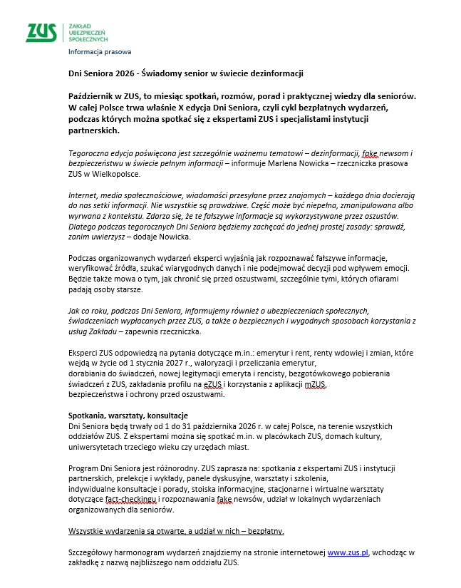 Dni Seniora 2026 - Świadomy senior w&nbsp;świecie dezinformacji