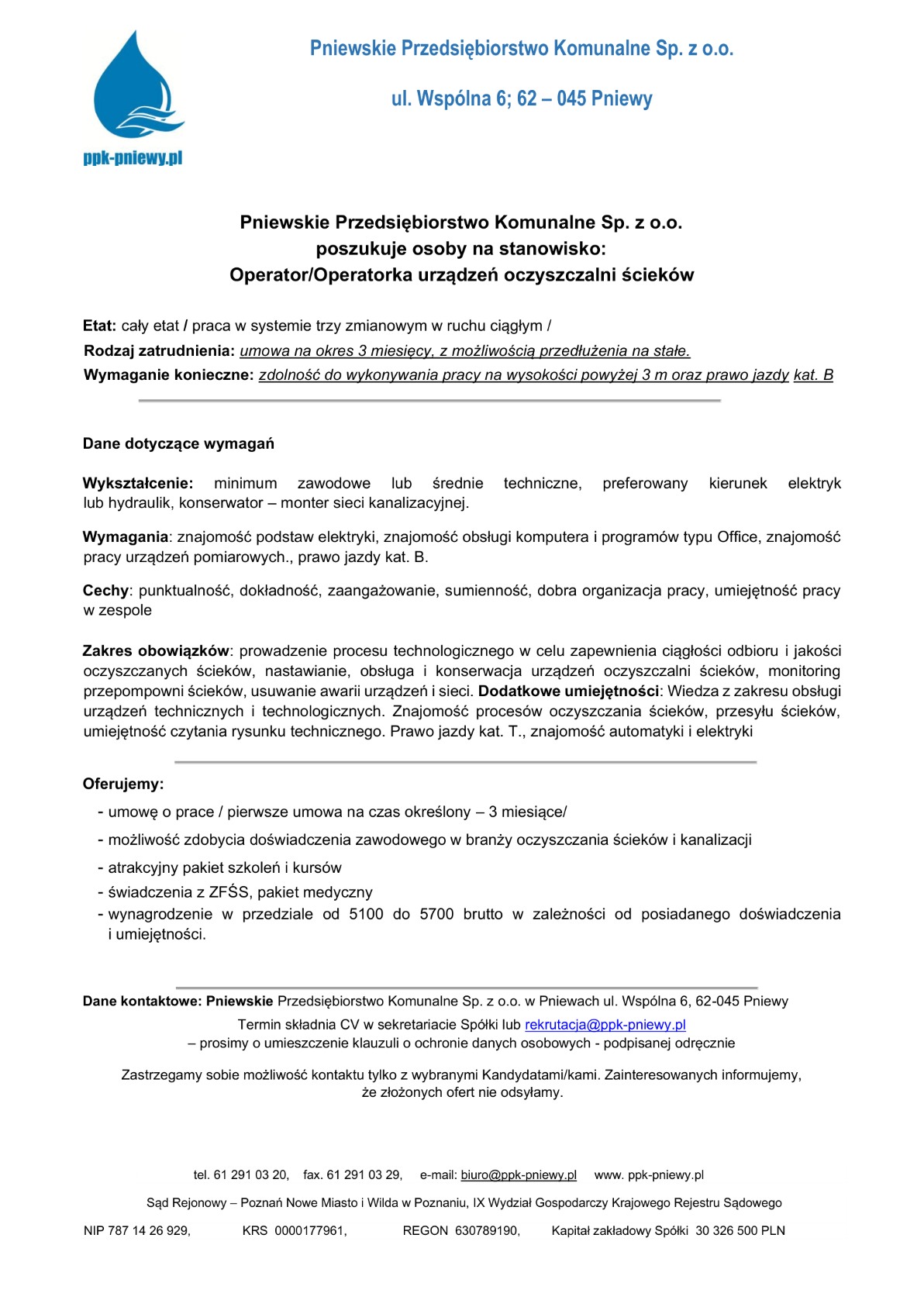 Ogłoszenie o&nbsp;pracę PPK &ndash; operator/ka urządzeń oczyszczalni ściek&oacute;w