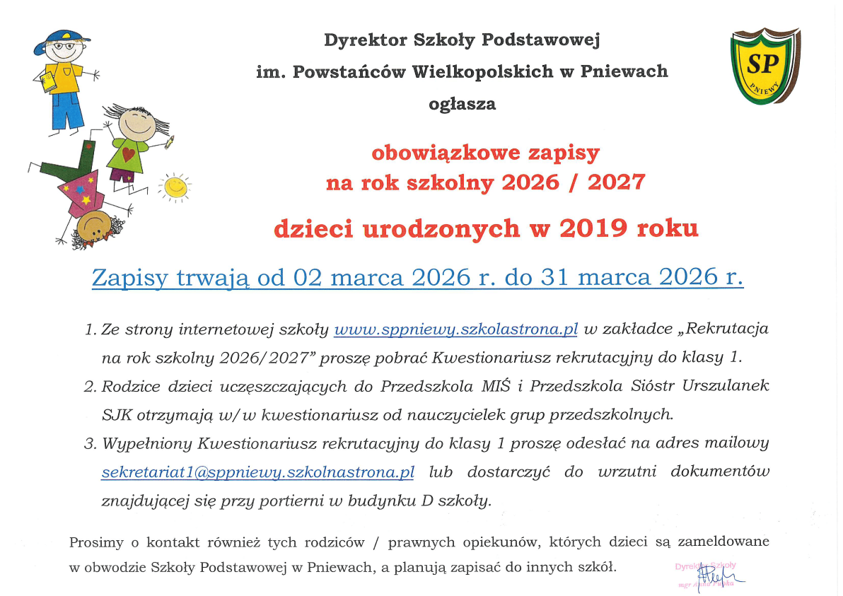 Ogłoszenie SP Pniewy rekrutacja