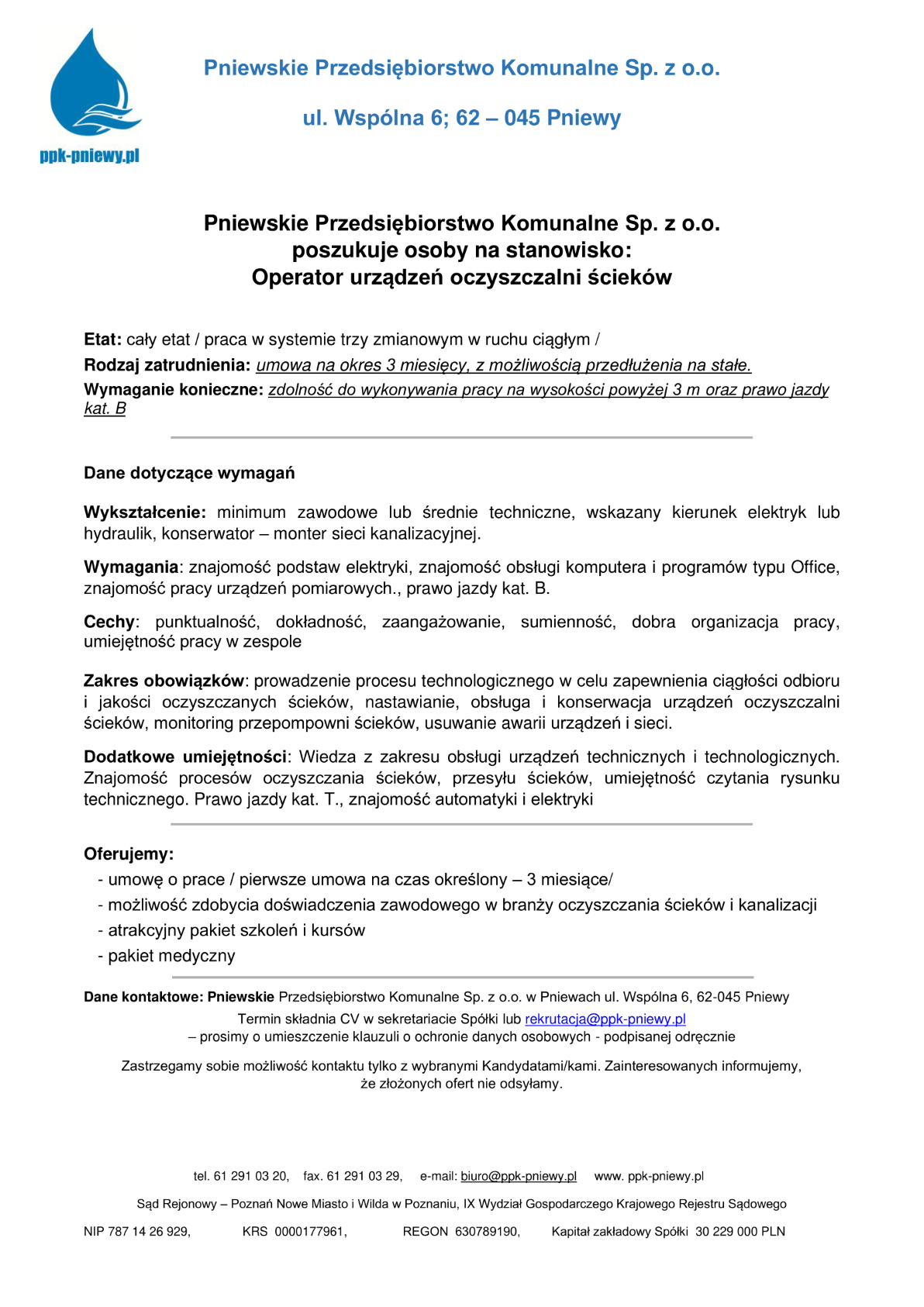Oferta pracy PPK — Operator oczyszczalni ścieków 