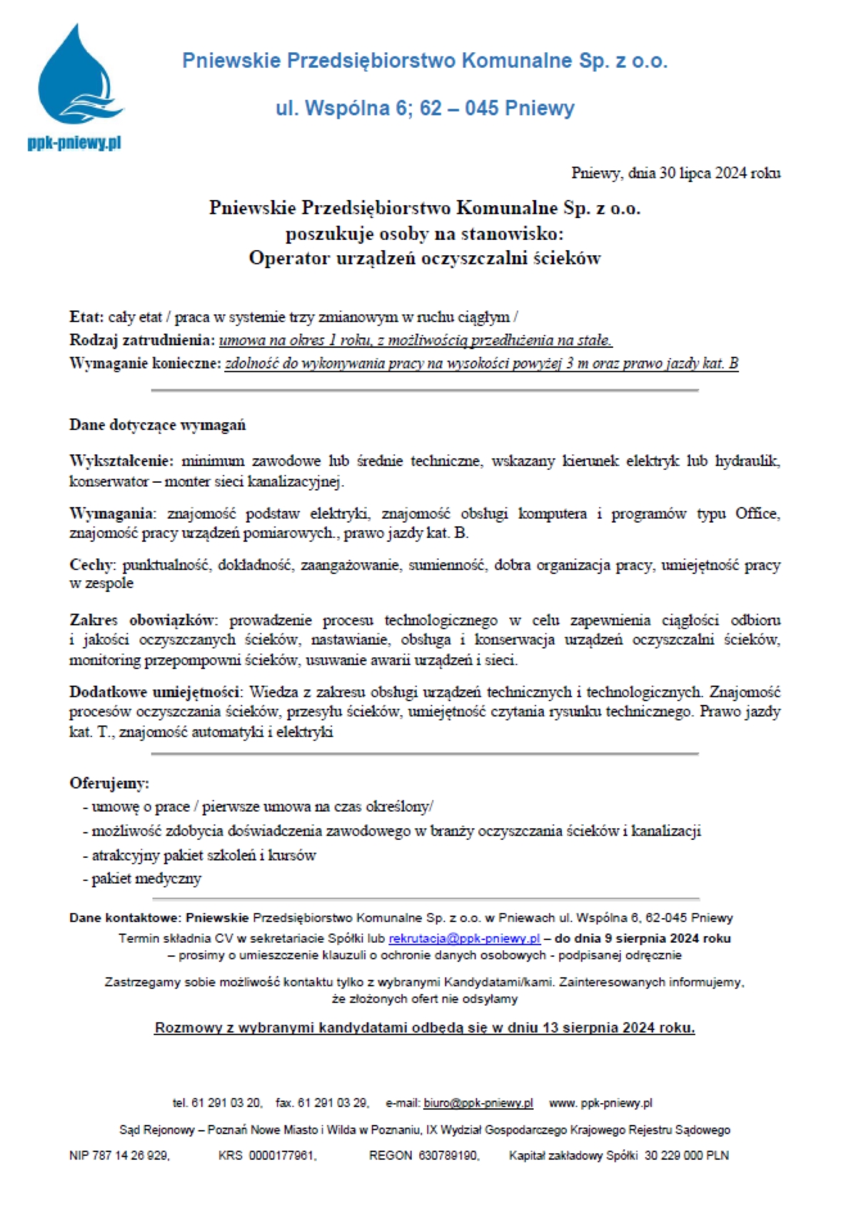 Oferta pracy PPK - Operator urządzeń oczyszczalni ściek&oacute;w