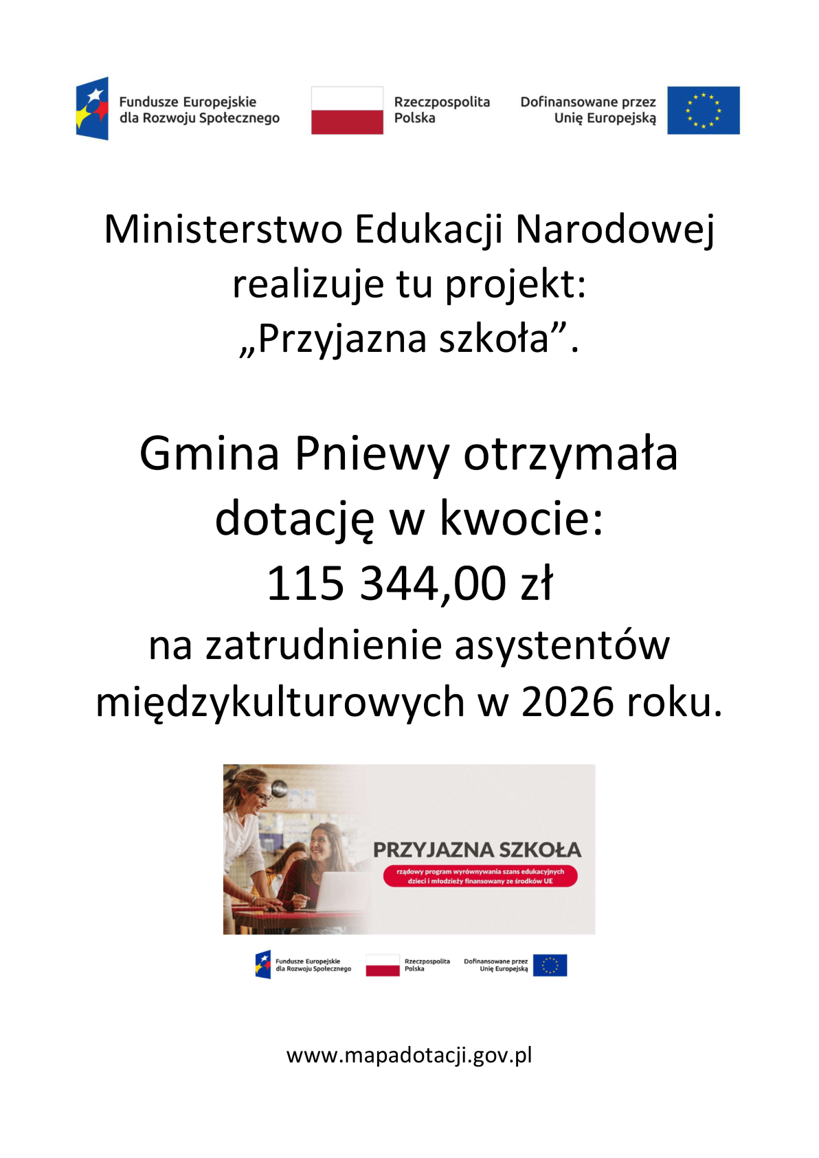 Otrzymaliśmy dotację na&nbsp;zatrudnienie asystent&oacute;w międzykulturowych w&nbsp;2026 roku w&nbsp;ramach projektu "Przyjazna szkoła"