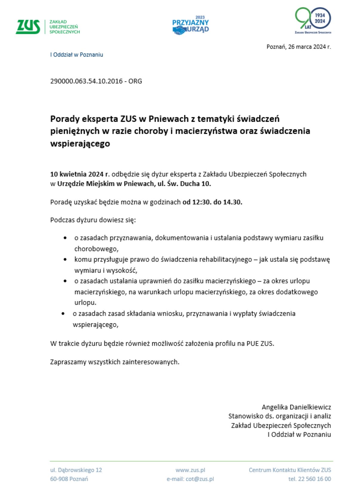 Porady eksperta ZUS w&nbsp;Pniewach z&nbsp;tematyki świadczeń pieniężnych w&nbsp;razie choroby i&nbsp;macierzyństwa oraz&nbsp;świadczenia wspierającego
