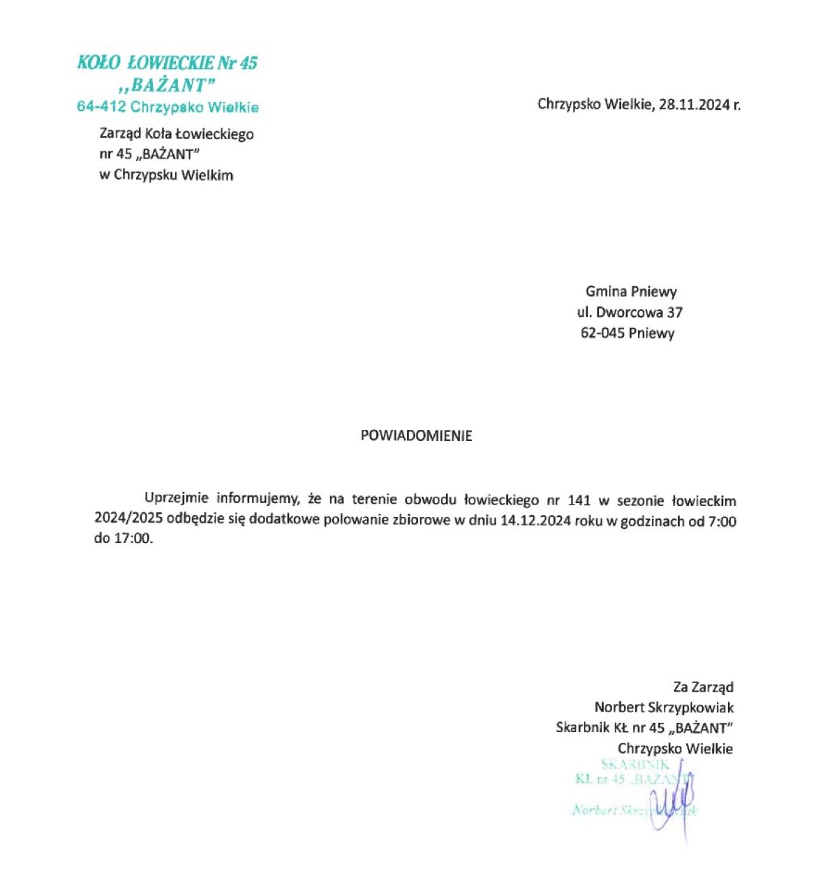 Dodatkowe polowanie Bażant