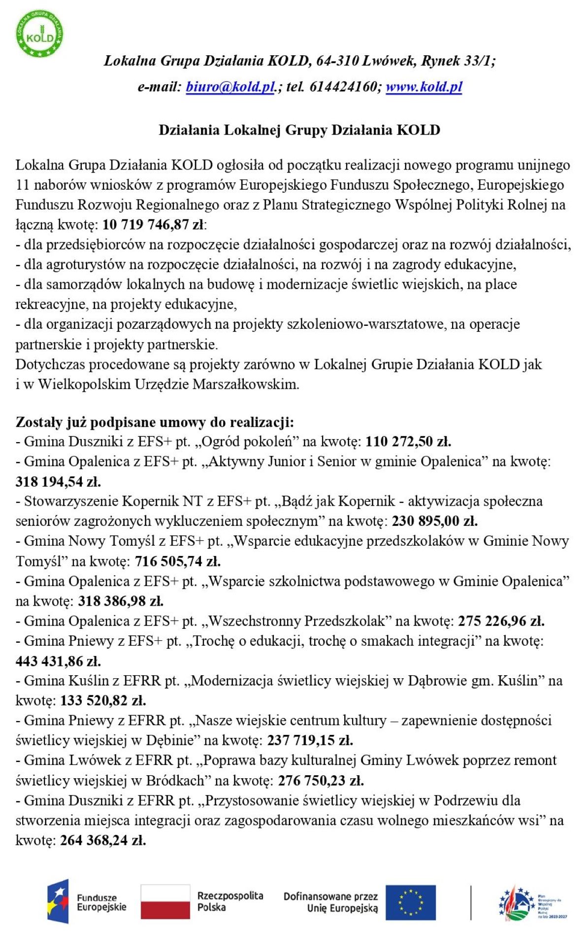Lokalna Grupa Działania KOLD &ndash; informacja o&nbsp;realizacji LSR
