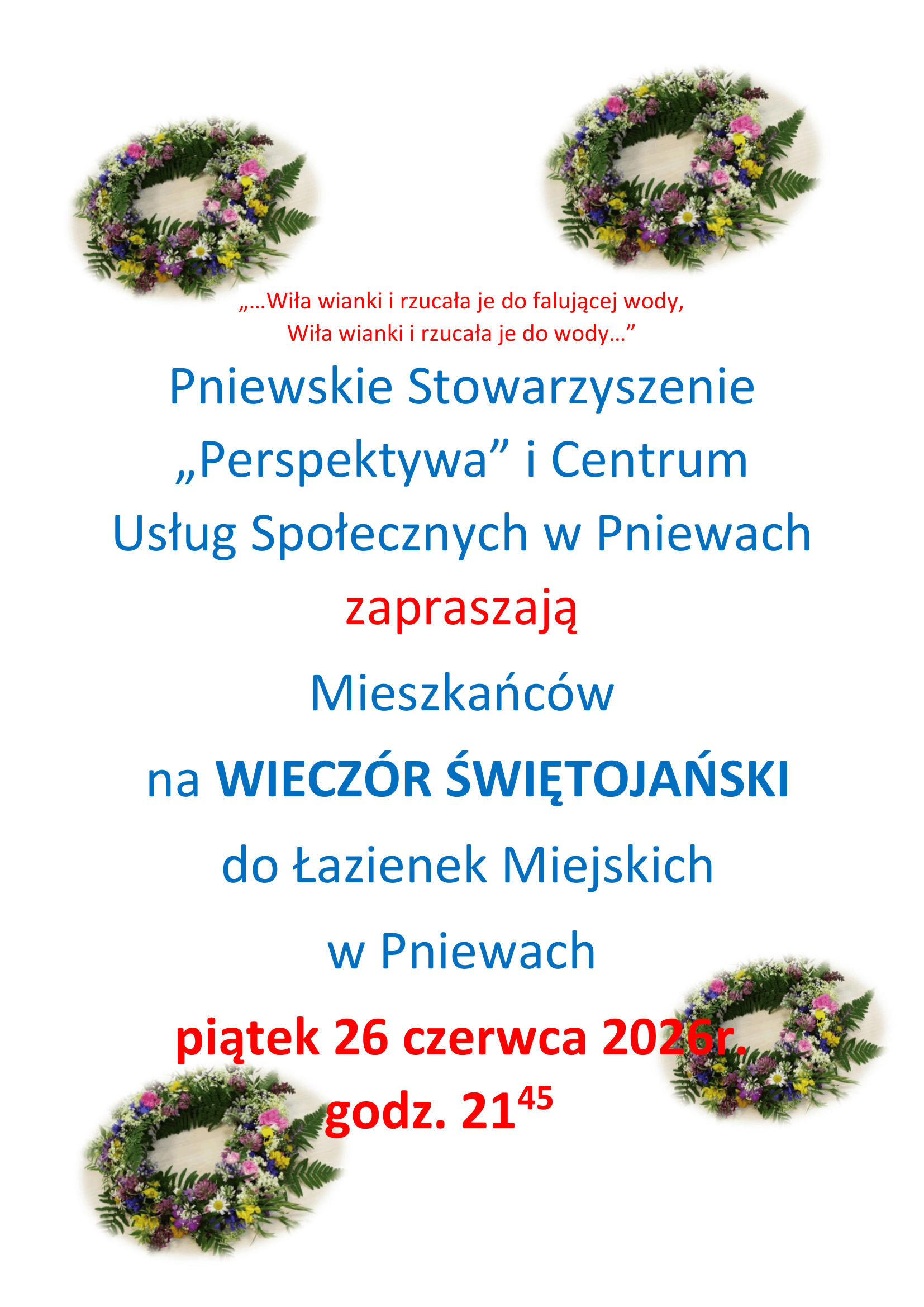 Plakat - zaproszenie na&nbsp;Wiecz&oacute;r Świętojański - w&nbsp;piątek, 26.06.2026 o&nbsp;godzinie 21:45 w&nbsp;Łazienkach Miejskich w&nbsp;Pniewach