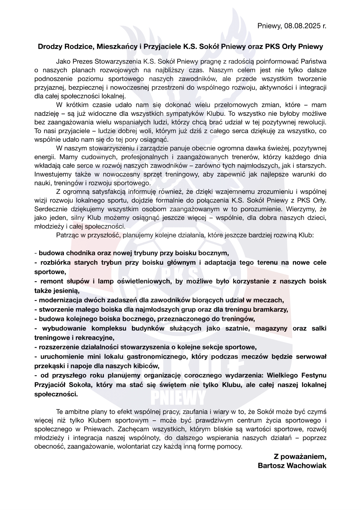 Sok&oacute;ł Pniewy oświadczenie plany rozwoju