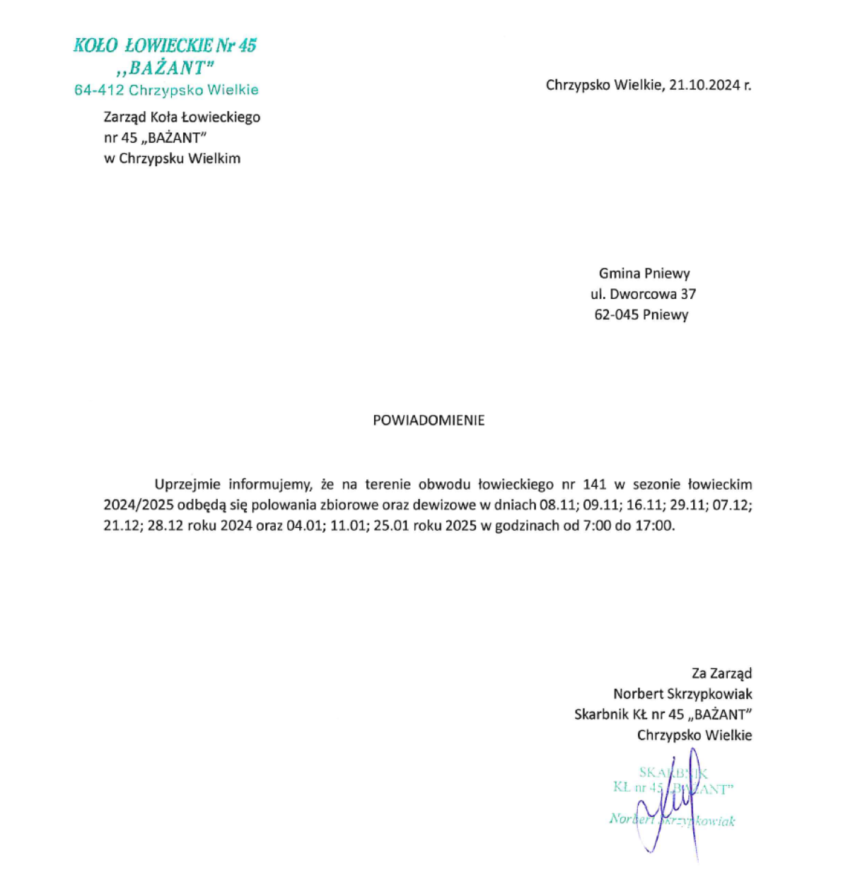 Zawiadomienie o polowanaich zbiorowych