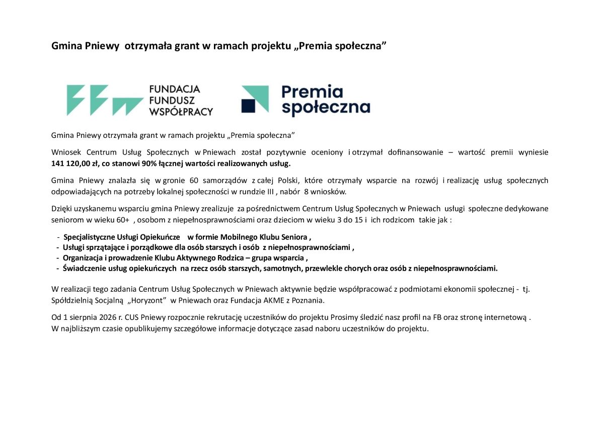 Gmina Pniewy otrzymała grant w&nbsp;ramach projektu &bdquo;Premia społeczna"