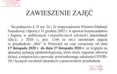 Zdjęcie do Zawieszenie zajęć w Przedszkolu &quot;Miś&quot;