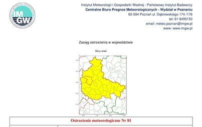 Zdjęcie do Ostrzeżenie meteorologiczne- SILNY WIATR!