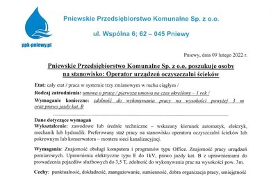 Zdjęcie do Oferta pracy- OPERATOR URZĄDZEŃ OCZYSZCZALNI ŚCIEK&Oacute;W