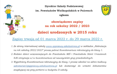Zdjęcie do Zapisy do Szkoły Podstawowej w Pniewach rocznik 2015