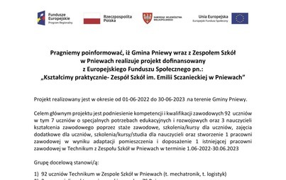 Zdjęcie do Projekt Gminy Pniewy z Zespołem Szk&oacute;ł im. Emilii Sczanieckiej