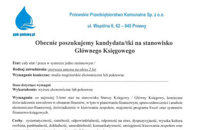 Zdjęcie do Oferta pracy - Gł&oacute;wny Księgowy