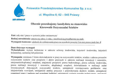 Zdjęcie do Oferta pracy - Kierownik Oczyszczalni Ściek&oacute;w