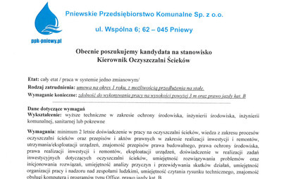 Zdjęcie do Ogłoszenie o pracę - Kierownik oczyszczalni ściek&oacute;w