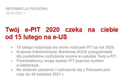 Zdjęcie do Tw&oacute;j e-PIT 2020 czeka na ciebie od 15 lutego na e-US   