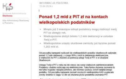 Zdjęcie do Ponad 1,2 mld z PIT zł na kontach wielkopolskich podatnik&oacute;w 