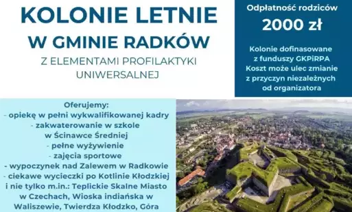 Kolonie letnie w Gminie Radków - plakat.