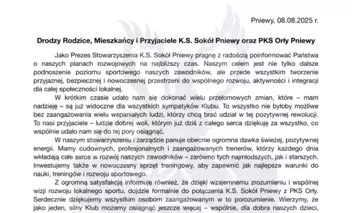 Oświadczenie K.S. Sokół Pniewy