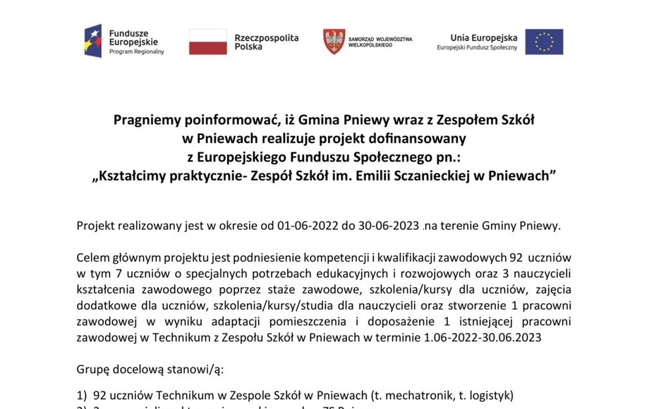 Projekt Gminy Pniewy z Zespołem Szkół im. Emilii Sczanieckiej - Urząd