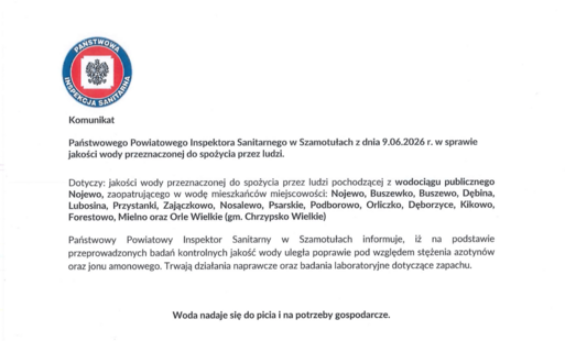 Komunikat Powiatowego Inspektora Sanitarnego w Szamotułach w sprawie jakości wody przeznaczonej do spożycia przez ludzi