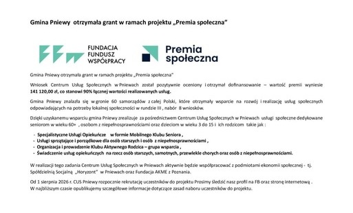 Gmina Pniewy otrzymała grant w ramach projektu „Premia społeczna"