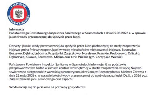 Informacja Państwowego Powiatowego Inspektora Sanitarnego w Szamotułach w sprawie jakości wody przeznaczonej do spożycia przez ludzi