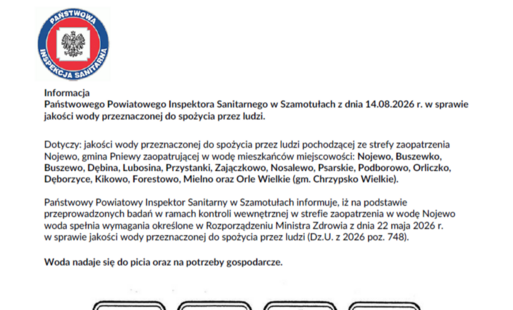 Informacja Państwowego Powiatowego Inspektora Sanitarnego w Szamotułach w sprawie jakości wody przeznaczonej do spożycia przez ludzi