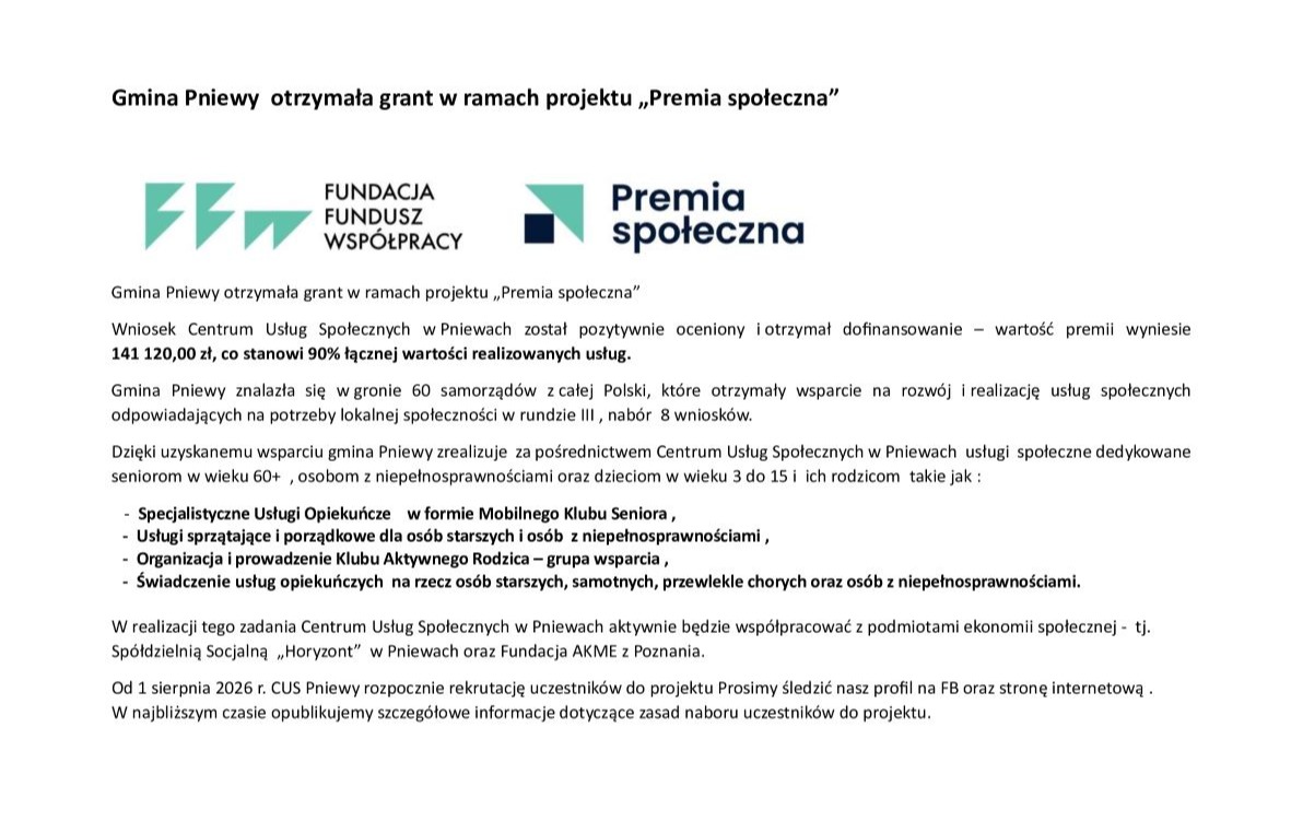 Gmina Pniewy otrzymała grant w ramach projektu „Premia społeczna"