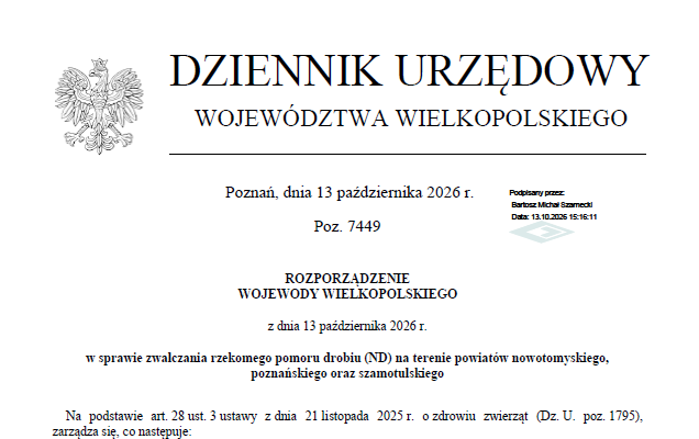 Rozporządzenie Wojewody Wielkopolskiego w sprawie rzekomego pomoru drobiu