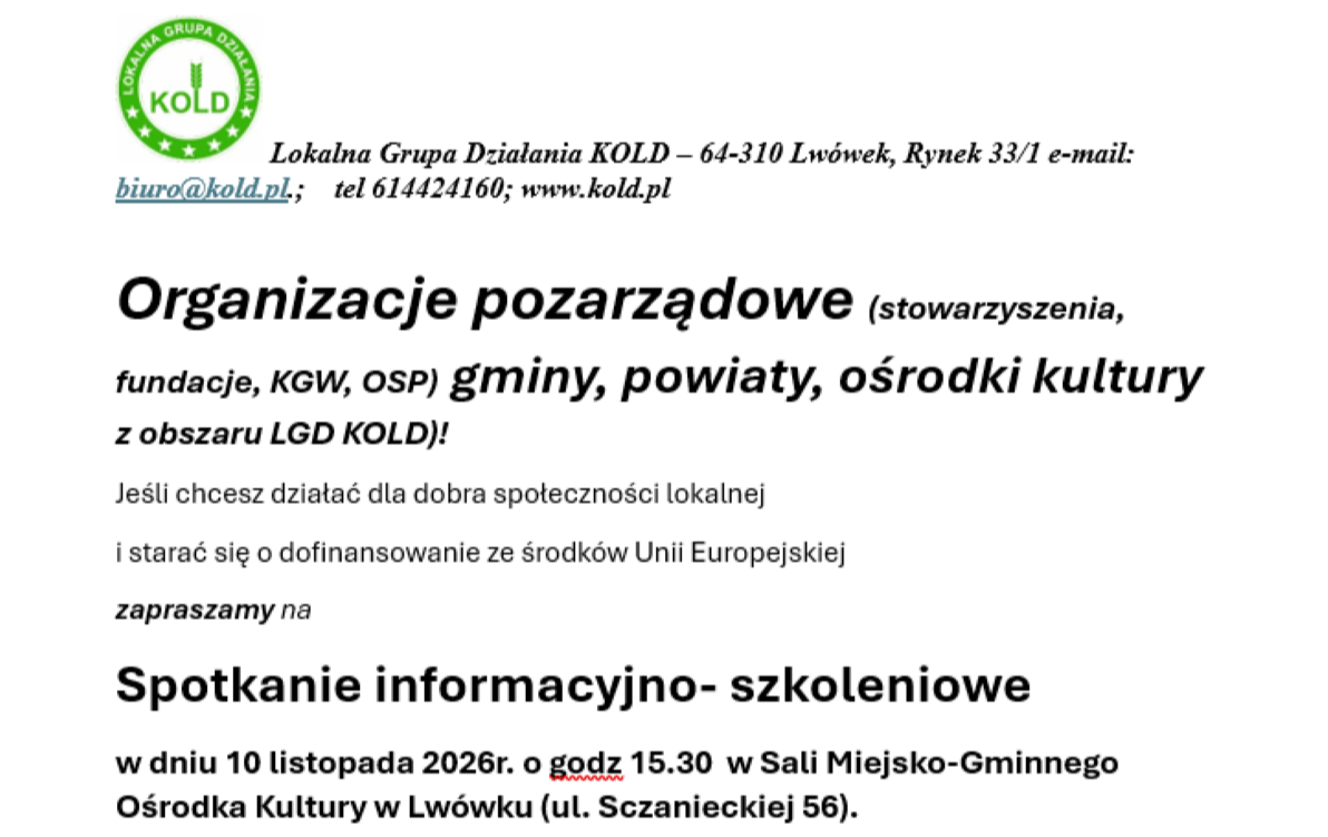 Spotkanie informacyjno-szkoleniowe dla organizacji pozarządowych z obszaru LGD KOLD!