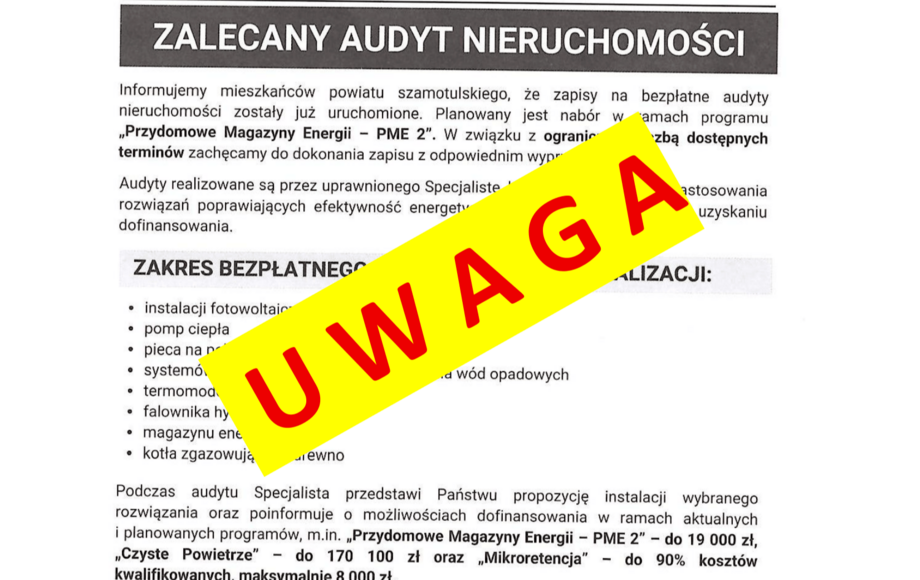 Ostrzeżenie Urzędu Miejskiego Pniewy przed fałszywymi audytami energetycznymi