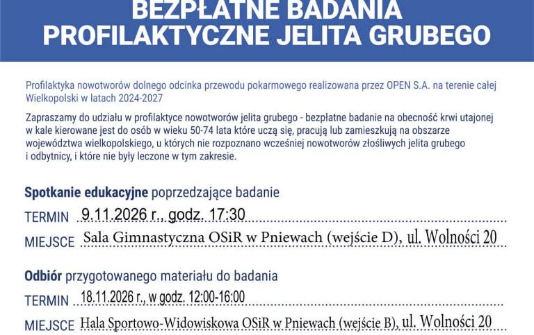 Bezpłatne badania profilaktyczne jelita grubego w Pniewach